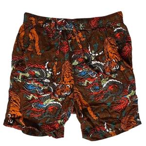 Massive Mens Shorts Small Brown Dragon Tiger Print Oriental Theme Drawstring - Picture 1 of 8