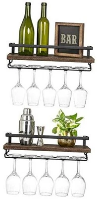  Juego de 2 estantes de vino montados en la pared para botellas de vino rústicas de madera marrón flotante Foto 1 de 4