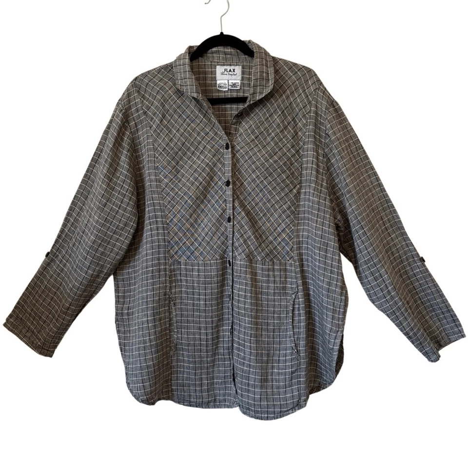 Vintage Flax by Joanne Engelhart Linen Windowpane Plaid Convertible Slv Top Sz S - Image 1 of 4