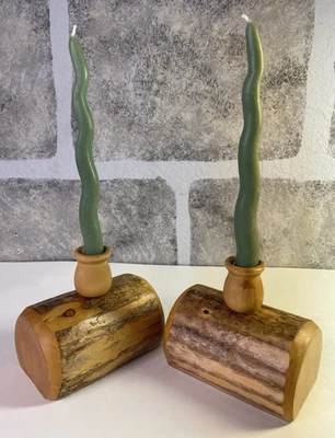 Rustic Log Candle Holders Lot of 2 Real Wood Tapers Cabin Decor Bark Grain - Image 1 of 4