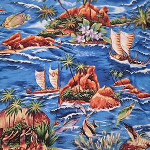 Vintage Trendex Blue Hawaiian Tropical Fabric 36" X 35" Cotton Blend Paradise - Picture 1 of 6