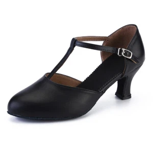 Mujeres Zapatos de Baile Latino de Salón 6 cm Tacón Correa en T Salsa Tango Jazz Zapatos Negros - Imagen 1 de 13