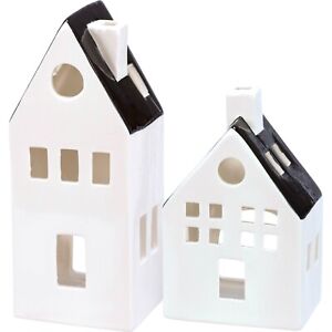 Set of 2 Black & White Ceramic House Shaped Figurines from Primitives by Kathy
