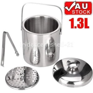 1.3L Stainless Steel Double Wall Ice Bucket+Handle+Insulated Lid & Ice Tongs AUS - Picture 1 of 9
