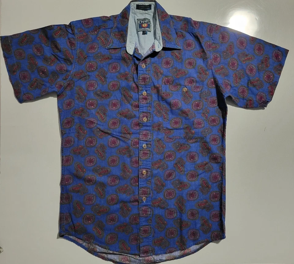 Camisa De Colección Años 90 Chaps Ralph Lauren Para Hombre Pequeña Azul Paisley Estampado Completo Foto 1 de 4