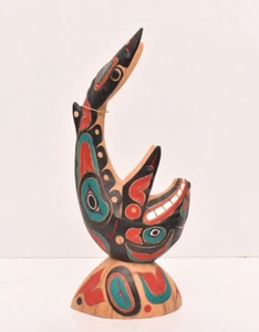 GRANDE TOTEM BALENA VINTAGE costa nord-occidentale legno intagliato 15" scultura salish alta - Foto 1 di 16