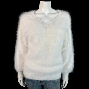 Suéter Pullover 80% Angora Blanco Difuso Cuello en V Manga Larga 38 en Busto - Imagen 1 de 9