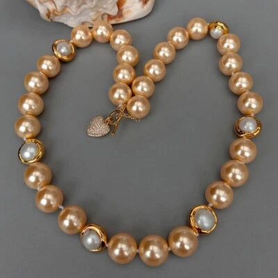 22" 14mm Champagne Sea Shell Pearl Cultured White Pearl Electroplated Necklace - Image 1 of 4