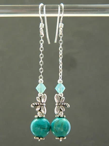Turquoise Gemstones & Swarovski Crystal, Tibetan Dragonfly & 925 Silver Earrings - Picture 1 of 10