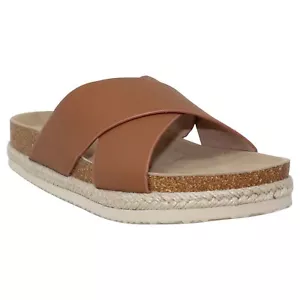 Womens Platform Sandals Wedge Flatform Slides Criss Cross Strap Espadrilles Tan - Picture 1 of 6