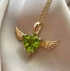 Peridot 2.50Ct Lab-Created Heart Cut Angel Wings Pendant 14K Yellow Gold Plated - Picture 1 of 9
