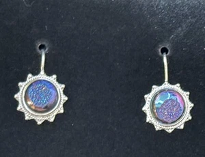 925 Silver Quartz Titanium Coated Purple Blue Druzy Round Sterling Earrings - Picture 1 of 4