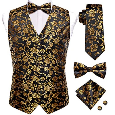  Mens Suit Vest Bowtie Set Ties for Men V Neck Dress Waistcoat Small Black Gold - Image 1 of 4