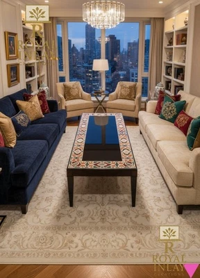 Rectangular Black Marble Table Top Console Dining with Multi-Stone Inlay Border - Image 1 of 4