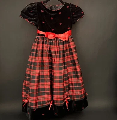 Daisy Kingdom "Holiday In Paris" Dress Black Velvet Red Tartan and Bows Size 4 - Image 1 of 4