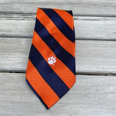 Clemson Tigers 橙色蓝色条纹丝绸领带小爪贴花合并左 3.75x61 — 第 1/4 张图片