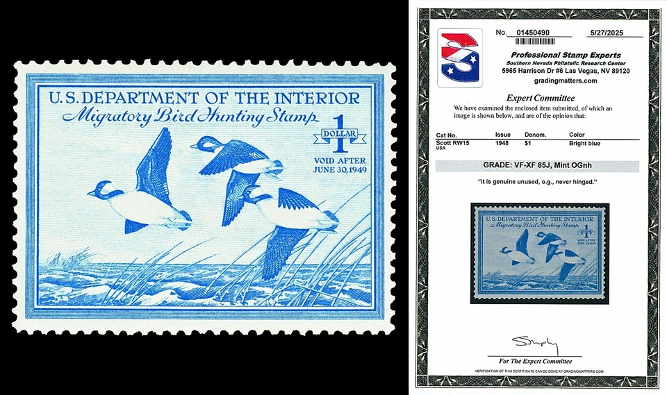 Scott RW15 1948 $1.00 Duck Stamp Mint Graded VF-XF 85J NH with PSE CERT - Image 1 of 1