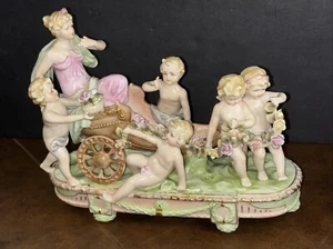 ARNART PORCELAIN FIGURINE 5 CHERUBS PULLING LADY WOMAN IN CHARIOT 14.5IN JAPAN - Picture 1 of 24