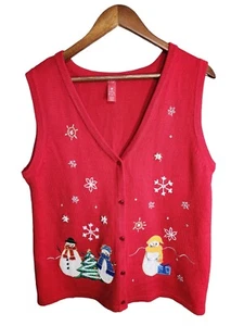 Christmas Snowman Snowflake Red Embroidered Sweater Vest 90's Style Size Large - Picture 1 of 5