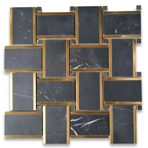 N668XH Nero Marquina Black Marble 2x3 Basketweave Mosaic Tile Honed - Picture 1 of 6