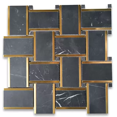 N668XH Nero Marquina Black Marble 2x3 Basketweave Mosaic Tile Honed - Image 1 of 4