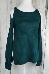 Hippie Rose Ladies Cold-Shoulder Ribbed-Knit Sweater Pullover Top Green Small S - Picture 1 of 9