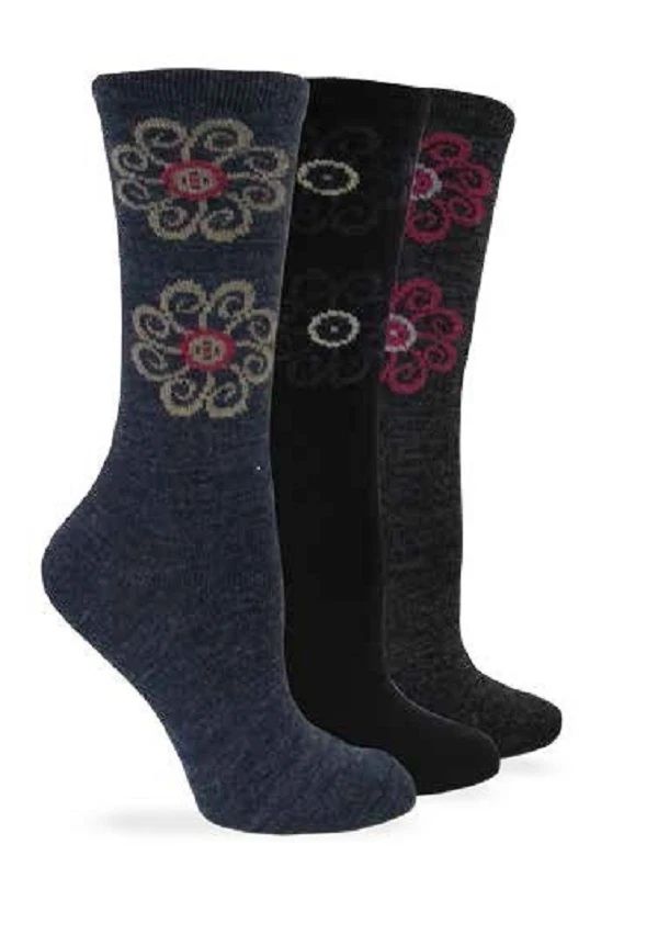 Ladies Flower Socks, Crew Charcoal, Made in USA Wise Blend Foto 1 de 1
