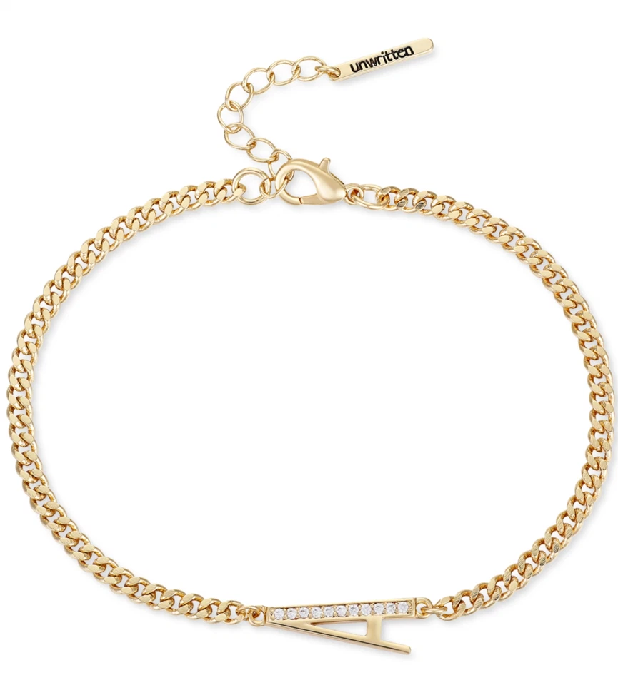 Unwritten Gold Tone Cubic Zirconia Letter Initial A Bracelet