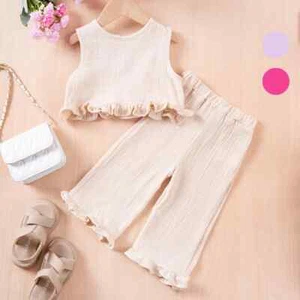 Summer Kids Cotton 2pcs Toddler Girls Sleeveless Top + Ruffle Pants Set - Picture 1 of 27