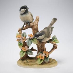 Black Capped Chickadee Porcelain Figurine by Andrea Birds on Branch Flowers 9.5"
