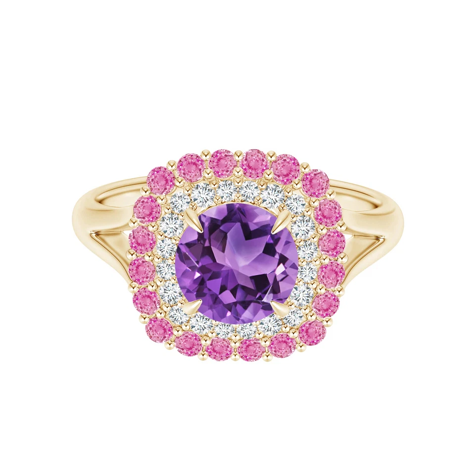 Anillo redondo amatista zafiro rosa piedras preciosas oro amarillo 14k doble halo para mujer Foto 1 de 4
