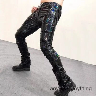 Men Wrinkled Patent Leather Trousers Sexy Wet Look Pants Leggings Frilly Pants - Image 1 of 4