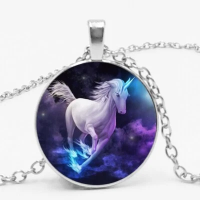Damen Anhänger mit Kette Silber Weiß Blau Einhorn Cabochon Halskette Geschenk - Bild 1 von 2