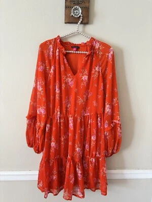 Vince Camuto Womens Size M Orange Floral Lined Long Sleeve Peasant Dress Boho - Image 1 of 4