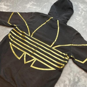 Adidas Trefoil Big Logo Hoodie Youth XL 15-16Y Black Fleece Distressed Pullover - Picture 1 of 9
