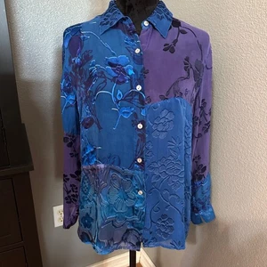 Chico’s Blouse Women’s Size 1 Large Silk Blend Patchwork Floral Sheer Blue - Picture 1 of 8