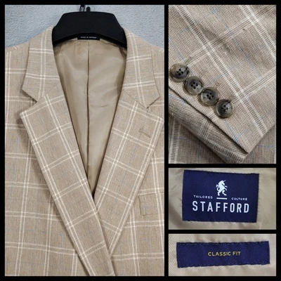 Stafford Sport Coat Mens 52R Beige Windowpane Plaid Linen Blend Blazer Jacket - Image 1 of 4