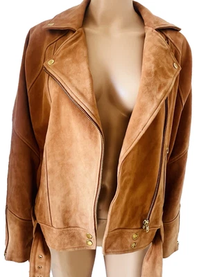 Chaqueta de bombardero Free People de cuero de cabra melocotón bronce drapeado gamuza moto para mujer S Foto 1 de 4