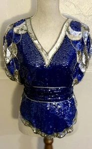VTG 80’s Sequin Top Judith Ann Creations Royal Blue Art Deco 100% Silk - Picture 1 of 8