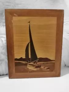 Antique Marquetry Wood Inlay Picture Plaque Sailing Boat - Picture 1 of 5