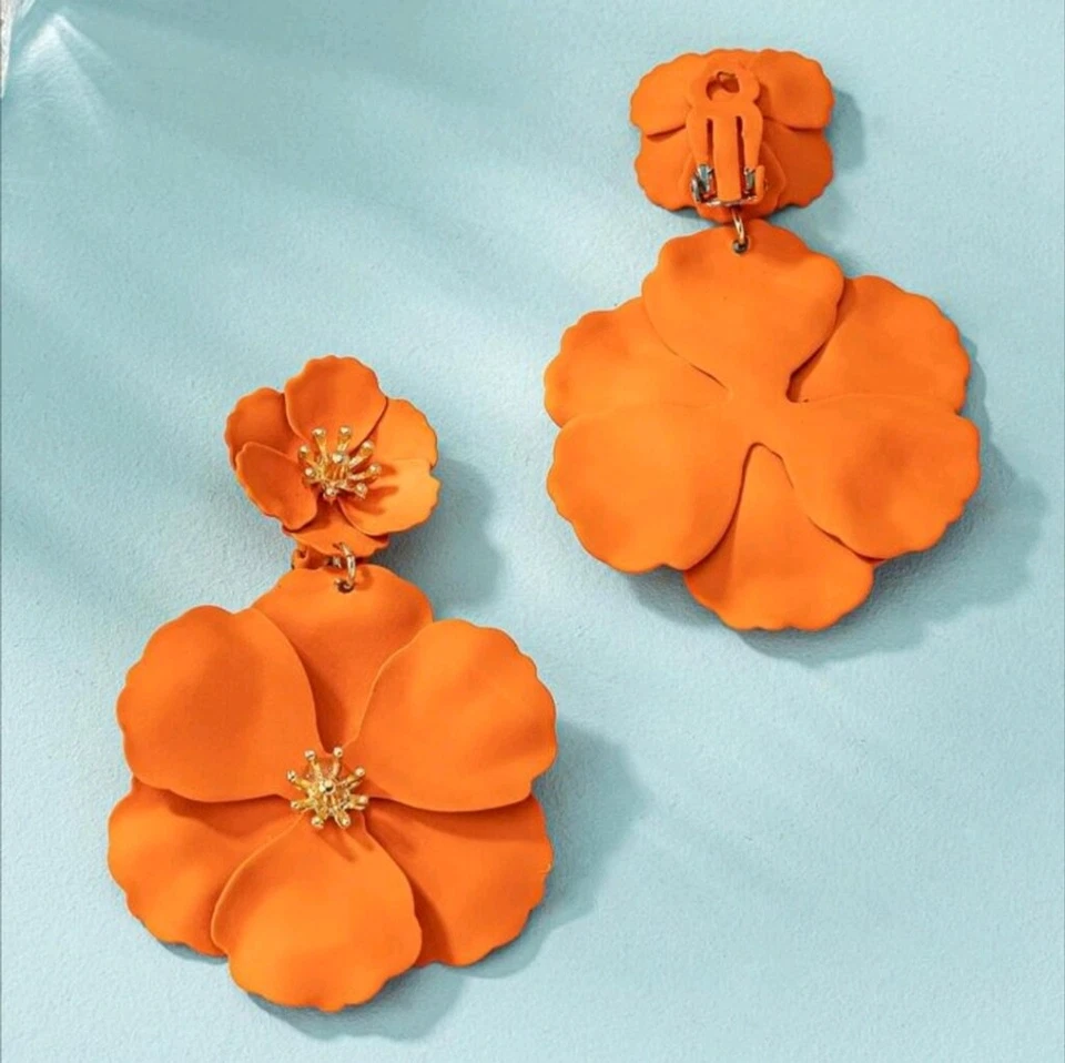 Pendientes Naranja Floral Bohemio - Suave Clip-on Flor Mandarina Pendiente Foto 1 de 4