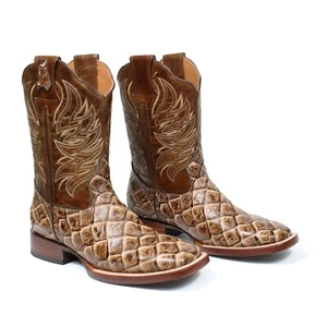 Herren Leder Cowboystiefel Pirarucu Druck Kunst Rodeo Quadratische Zehenpartie Stiefel Jeans - Bild 1 von 7