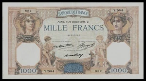 🇫🇷 France, 1000 Francs, 1 000 F 1927-1940 ''Cérès et Mercure'', 1936 Banknote - Picture 1 of 2