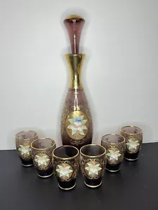 Rare Murano Italian Hand blown Purple Glass Decanter W/glasses 24k Gold Gift Bar - Picture 1 of 16