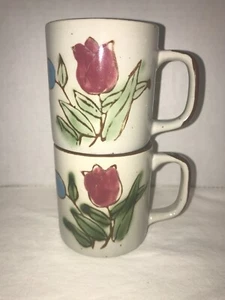 Vintage Pair Japan Otagiri Style Tulip Flower Mid Century Modern Stoneware Mugs - Picture 1 of 8