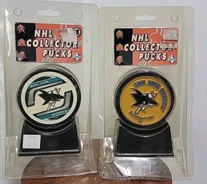 San Jose Sharks Hockey Puck Lot. 2 Pucks With Stands For A Great Display - Picture 1 of 4