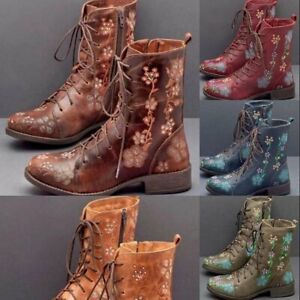 Women's Mid Calf Combat Riding Boots Floral Printed Lace Up Boots Side Zip Shoes
