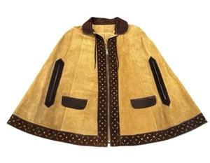 Poncho de cuero gamuza vintage capa hippie boho vaquero occidental bolsillos con cremallera O/S - Imagen 1 de 15