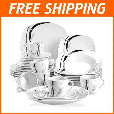 Elegante juego de vajilla a rayas negras y grises, porcelana de 30 piezas Foto 1 de 4