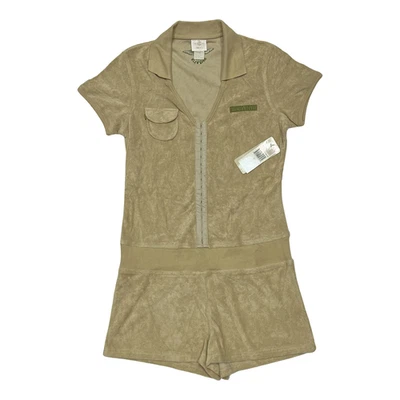 Vintage Y2K Rocawear Romper Women M Taupe Terry Cloth Short Sleeve Zip One Piece - Image 1 of 4